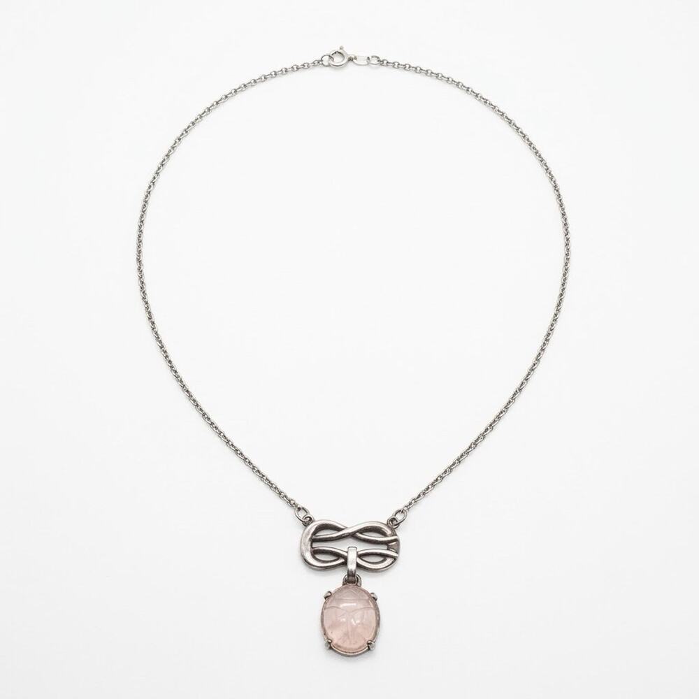 Vintage 925 Sterling Silver Rose Quartz Scarab Necklace Art Nouveau Infinity